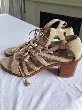 Frye Lace Up Heeled Sandals Size 10 Tan Leather Gladiator Block Heel